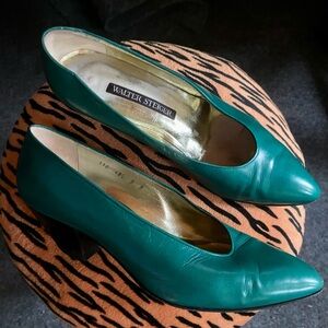 Walter Steiger Teal Leather Pointed-Toe Pumps vintage 90s